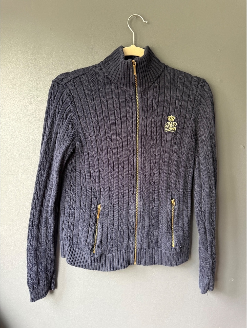 Lauren Ralph Lauren Navy Cable Knit Full Zip Sweater with Gold Emblem